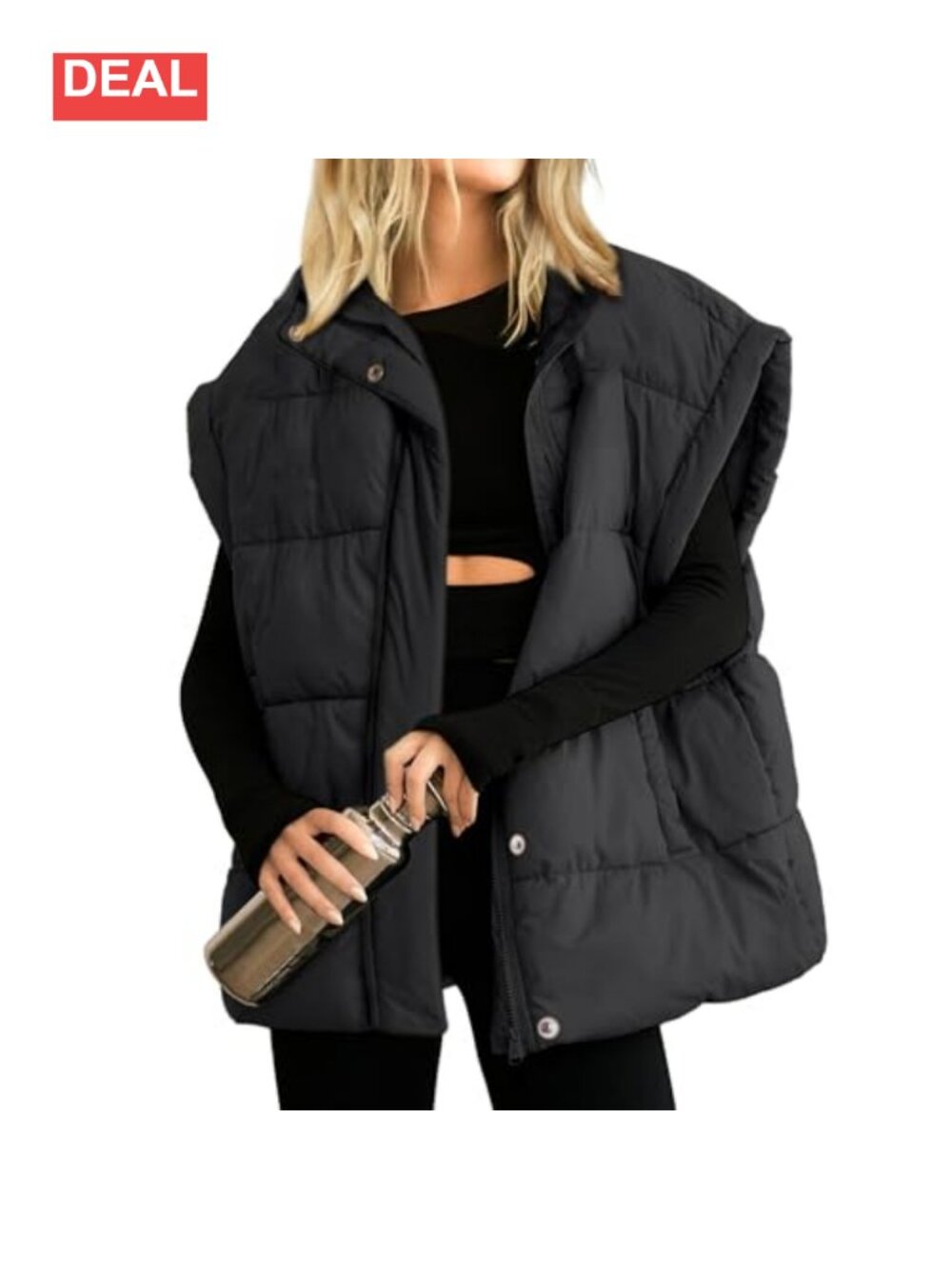 Oversized Quilted Puffer Vest Full Zip Sleeveless Stand Collar Warm Coat